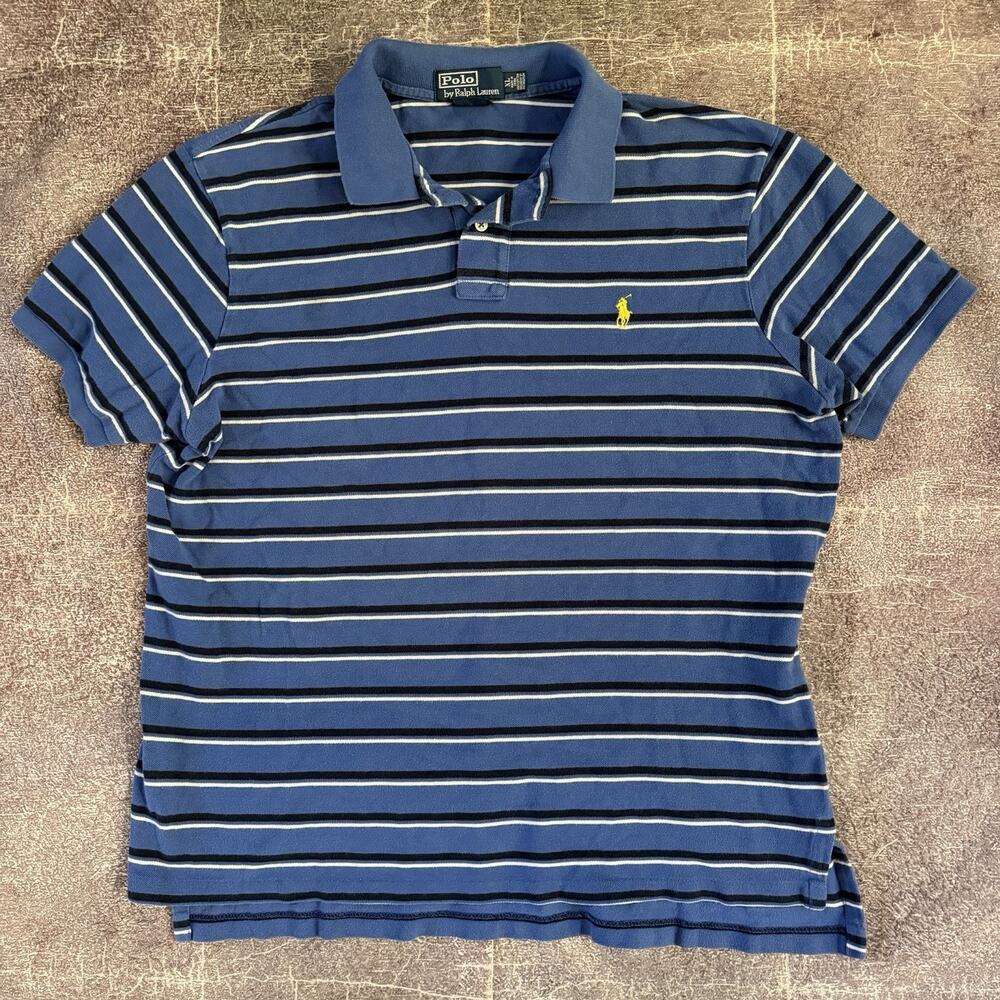 Men's Vintage 90's Polo Ralph Lauren Custom Fit Blue White Striped Shirt Sz XL